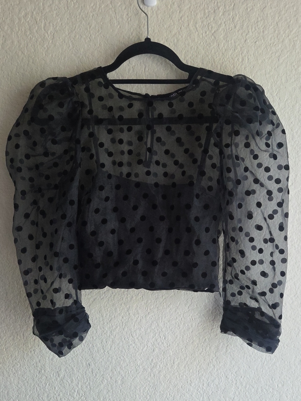 Zara Black Sheer Polka Dot Puff Sleeve Crop Top